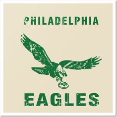 an eagle flying with the words philadelphia eagles on it's back and green lettering