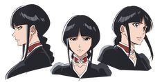 three different views of an anime character with black hair and bangs, one is wearing a red collared shirt