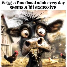 a cartoon cow eating hay with chickens in the background