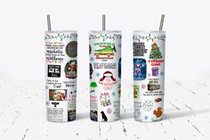 three different types of christmas items on a white surface with snowflakes and trees in the background