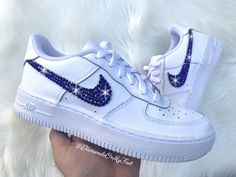 Bling Nike Air Force 1 Shoes Hand Customized with Genuine Swarovski Crystals **Please note you may receive the Youth or Men's version of the shoe, but it will correlate to the correct Women's size. Colors: White w/ White Soles Model and Color Code: #315115-112 Note: Box may be missing top lid or shoe box Each and every Swarovski crystal is set by hand with top quality, permanent adhesive. Our products come direct from the manufacturer or authorized retailers, and are 100% authentic. We offer fre Air Force 1 All White, Rhinestone Nike, Sneakers Wedding, Bling Nike, Bling Nike Shoes, Wedding Shoes Sneakers, Bridal Sneakers, Tie Sneakers, Wedding Sneakers