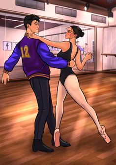 a man and woman dancing in a dance studio