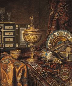 a painting of a gold vase and other items on a table with a cloth draped over it