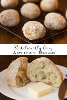 rolls and butter on a plate with the words, uncooked easy artisan rolls