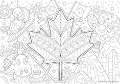 an adult coloring page with the canadian maple leaf and other fall themed items in black and white