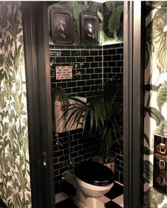 a bathroom with black and white tiled walls, potted plant on the toilet seat