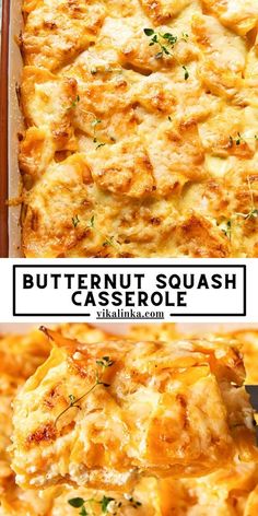 two images showing different types of casserole in pans with text overlay that reads, butternut squash casserole