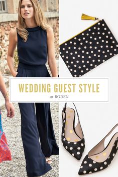 Take a look at Boden for Wedding Guest Outfit Inspiration | Navy floaty casual jumpsuit | Palazzo legs | Polka dot shoes | Polka Dot Bag | We Talk Weddings | Affiliate Link For Wedding Guest Outfit, Jumpsuit Palazzo, Polka Dot Bags, Polka Dot Shoes, Casual Jumpsuit, Guest Outfit