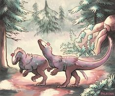 two dinosaurs are walking through the woods