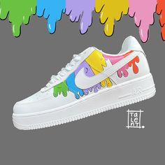 Theme : RAINBOW DROPS  Add  a unique touch to your footwear collection. Made with high- quality materials and expertly Crafted using  leather paints , each pair is completely customizable to your personal style.  We offer a wide range of customization options to make your sneakers truly one- of- a- kind. Choose from a variety of colors, patterns and designs to create a look that perfectly matches your personal style. Whether you want a bold , eye-catching design or something more subtle and unde Vbs Outfits, Shoes Unique, Air Force 1 Custom, Personalized Shoes, Hand Painted Shoes, Leather Paint, Footwear Collection, Shoe Art, Womens Tie