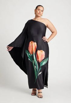 Eloquii dramatic floral wedding guest dress Dramatic Sleeves Dress, Painted Tulips, Dramatic Sleeves, Wedding Guest Outfits, Mini Skater Dress, Satin Maxi Dress, Date Night Dresses, Red Mini Dress