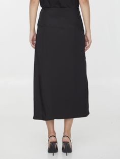 Midi skirt in black viscose and silk with two-way zip asymmetric closure and side gusset. Regular fit. The model is 180cm tall and wears size DE 36.  Size nationality: DE  Product number: 38180970  Product code: J03MA0125J65003001  Composition: 67% viscose, 33% silk Platform Wedge Heels, Loafer Sneakers, Dress With Cardigan, Clothes Collection, Cardigan Jacket, Jil Sander, Bag Straps, Sanders, Midi Skirt