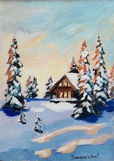 a painting of snow covered trees and a cabin