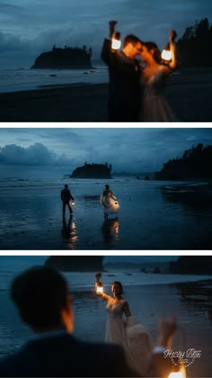 the bride and groom are holding candles in their hands on the beach at night time