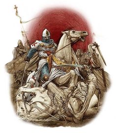 a drawing of a knight riding on the back of a horse