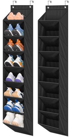 an open shoe rack with multiple pairs of shoes