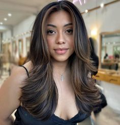 Heavy Highlights On Dark Hair Are The Bold Way To Go Brighter Hair Colors For Olive Skin, Garnier Hair Color, Olive Skin Tone, Brown Hair Inspo, Hair Inspiration Long, Brunette Hair With Highlights, Black Hair With Highlights