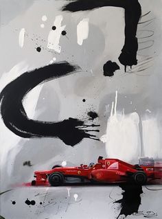 a painting of a red race car with black paint splattered on the wall