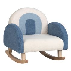 a blue and white rocking chair with an arch on the back side, in front of a white background