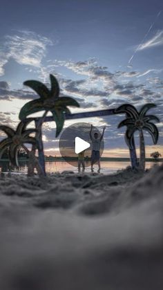 two people are standing on the beach with surfboards and palm trees in front of them