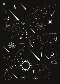 an image of the stars and planets in the night sky with their names on them