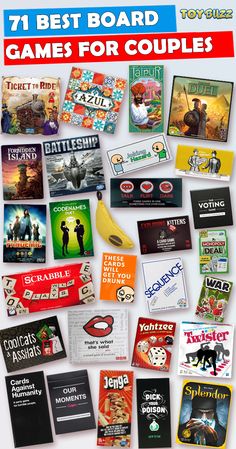 the front cover of an interactive board game with lots of games for couples on it