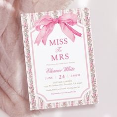 Pink Bow Miss To Mrs Bridal Shower Editable Template Ms To Mrs, Pink Bridal Shower Invitations, Bridal Tea Party, Theme Pink, Bridal Shower Planning, Miss To Mrs, Elegant Bridal Shower, Lingerie Shower