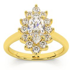 a yellow gold ring with an oval cut diamond surrounded by smaller round diamonds on each side