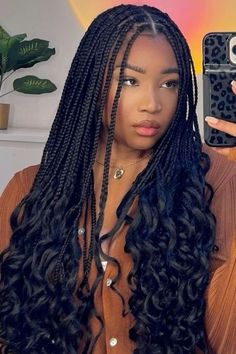 Nice Rasta Braids, Triangle Box Braids With Curly Ends, Mwongezo With Braids, Small Individual Braids With Curly Ends, Triangle Braids With Curly Ends, Curls At The Bottom Of Box Braids, Braids For Plus Size Black Women, Waterfall Box Braids, Bobo Goddess Box Braids