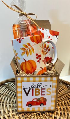 a basket with coffee mugs in it and a sign that says free vibes