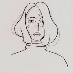 a black and white drawing of a woman with freckles on her face, wearing a turtle neck sweater