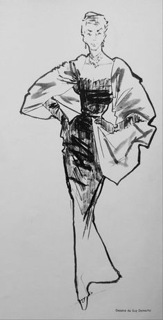 a black and white drawing of a woman with her arms behind her back, wearing a dress