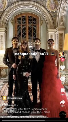 a group of people standing next to each other in front of a mirror with the words masquerade batl on it