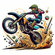 a person on a dirt bike in the air with orange and yellow paint splatters