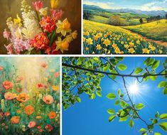 four different paintings of flowers and trees in the same photo, each with their own image