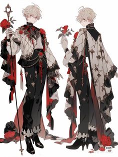 an anime character is dressed in black and white with red flowers on her cape, holding a cane