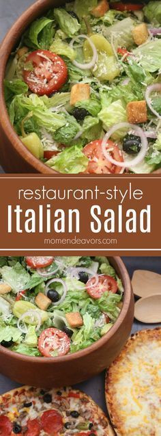 the italian salad is ready to be eaten and served with two pizzas on the side