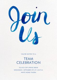 the word join us is written in blue ink on a white card with an envelope