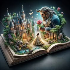 an open book with the image of beauty and the beast on it