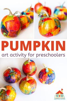 the cover of pumpkin art activity for preschoolers with pictures of colorful painted pumpkins