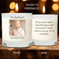 two candles with the same photo on them and one candle that says, so easy to personalize