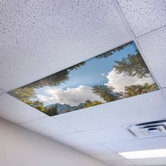 the ceiling is covered with raindrops and there are trees in the reflection on it