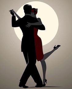 a man and woman dance in front of the moon with their arms around each other