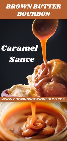 caramel sauce being drizzled over bread with brown butter on the side