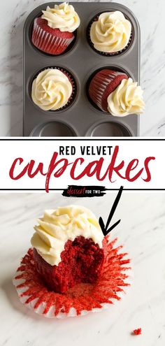 red velvet cupcakes with white frosting in a muffin tin