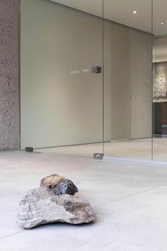 a rock sitting on top of a white floor next to a glass wall