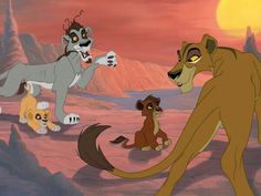 the lion king and other animated animals in front of a sunset