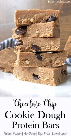 chocolate chip cookie dough protein bars stacked on top of each other with text overlay