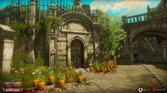 an animated image of a castle with flowers in the foreground and stairs leading up to it