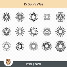 the sun icon set is shown in black and white, it includes different types of suns